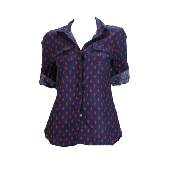 Charter Club  Navy Roll-Tab-Sleeve Printed Linen Shirt M