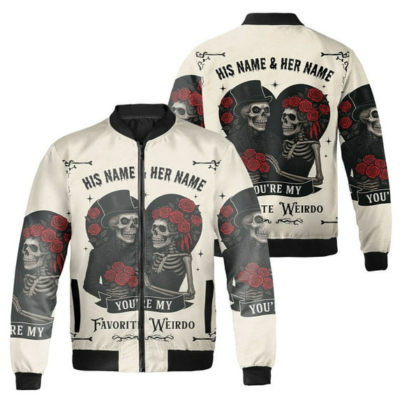 Personalized Skeleton Couple Bomber Jacket – Gothic His & Her Name Jacket – You’re My Favorite Weirdo Halloween Coat – Matching Skull Lover Gift – Rock Punk Jacket for Men and Women