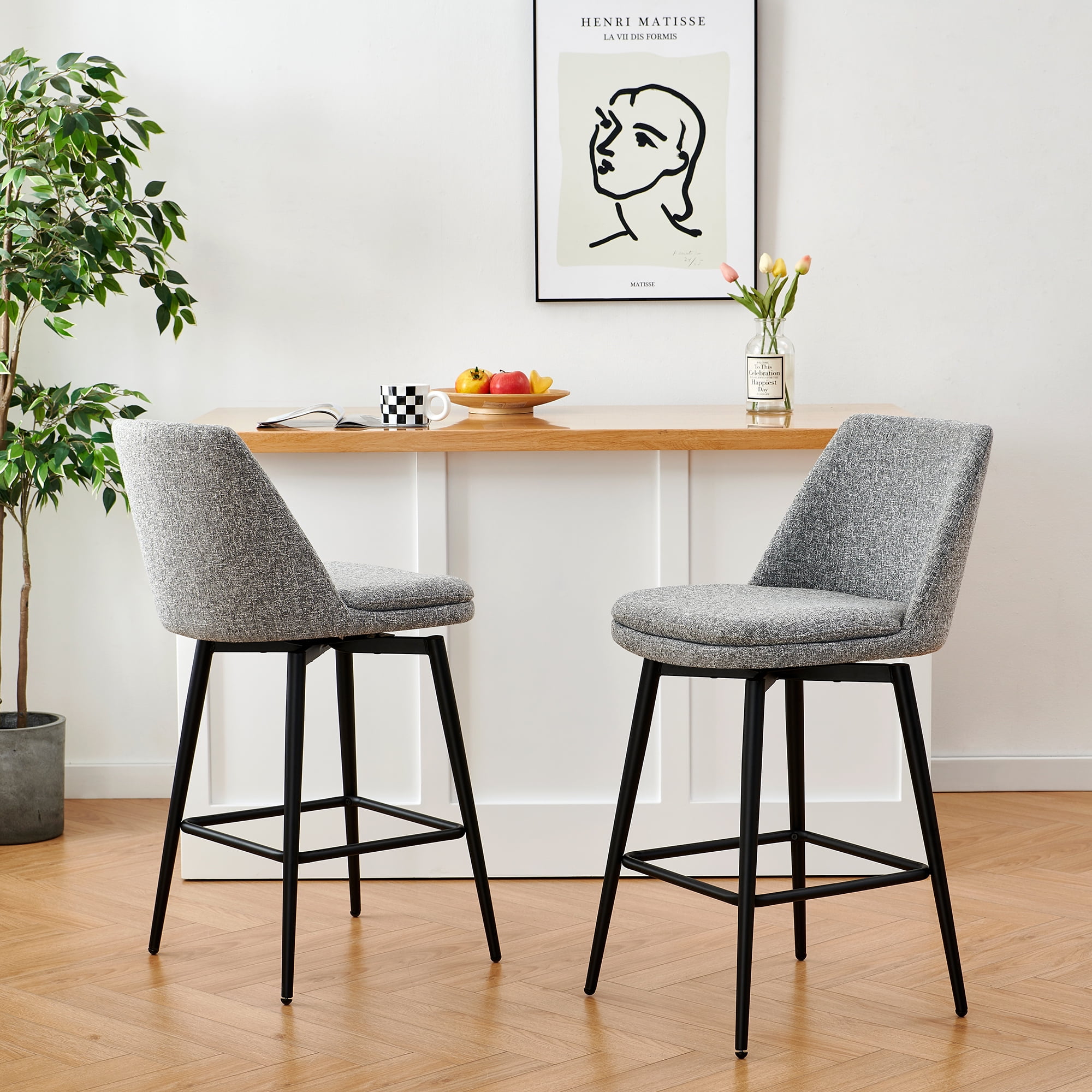 CHITA 27 inch Counter Height Swivel Bar Stools Low Back Set of 2, Metal Base, Fabric in Gray