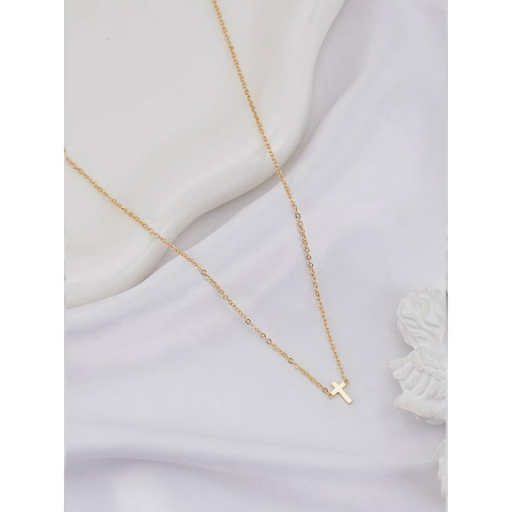 1pc Brass Religion Cross Pendant Cable Chain Necklaces for Women Men Golden 16.57 inch(42.1cm)