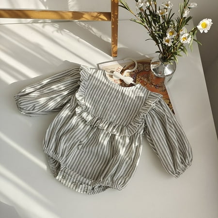 

DancePeanut Spring Baby Striped Romper Newborn Clothes Korean Cute Ruffled Bib Collar Toddler Girl Sweet Triangle Romper Mamelucos