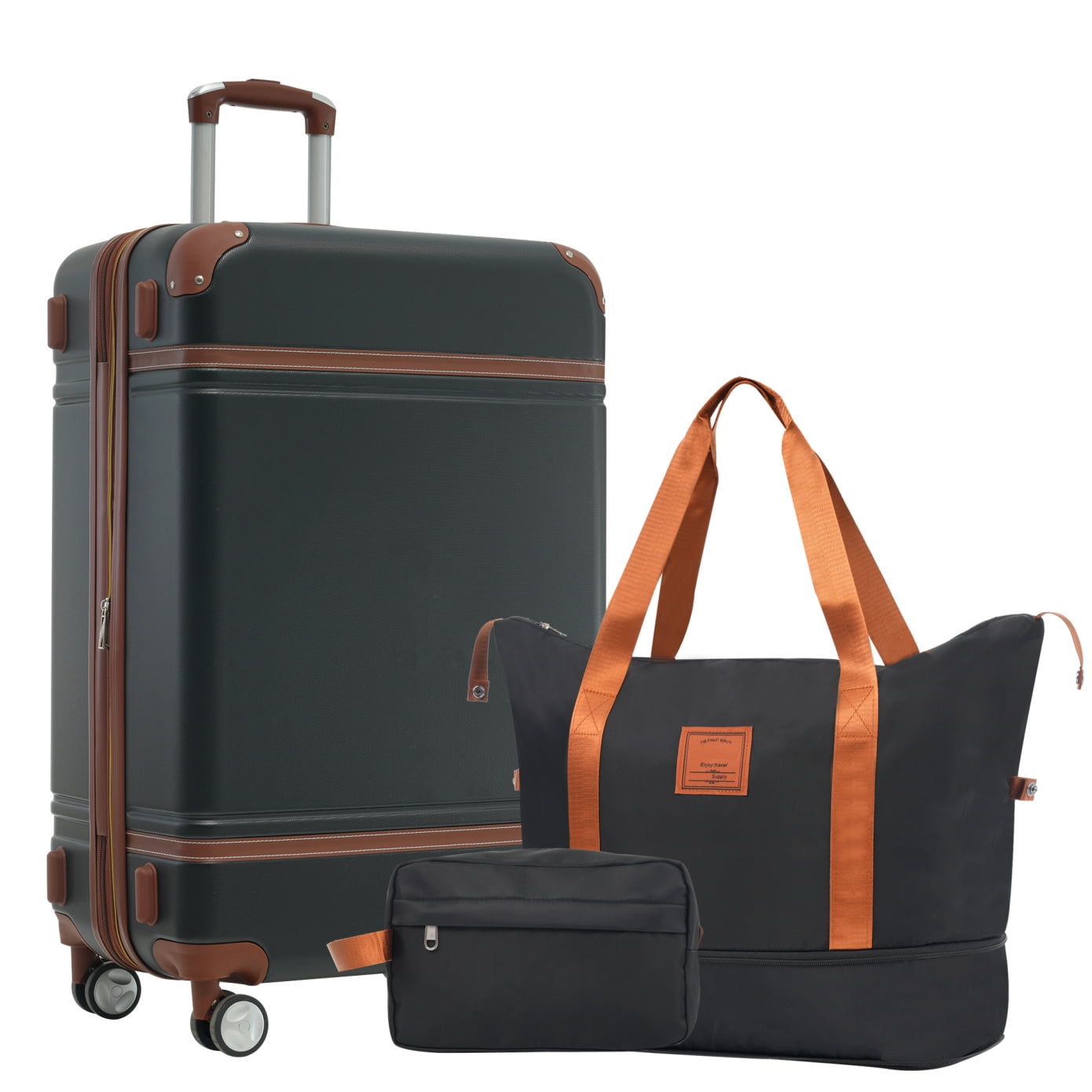 Hardshell Luggage Sets 3 Piece with Telescopic Handle, 24" Lightweight Suitcase with Double Spinner Wheels and Lock, Vintage Luggage for Travel, Black