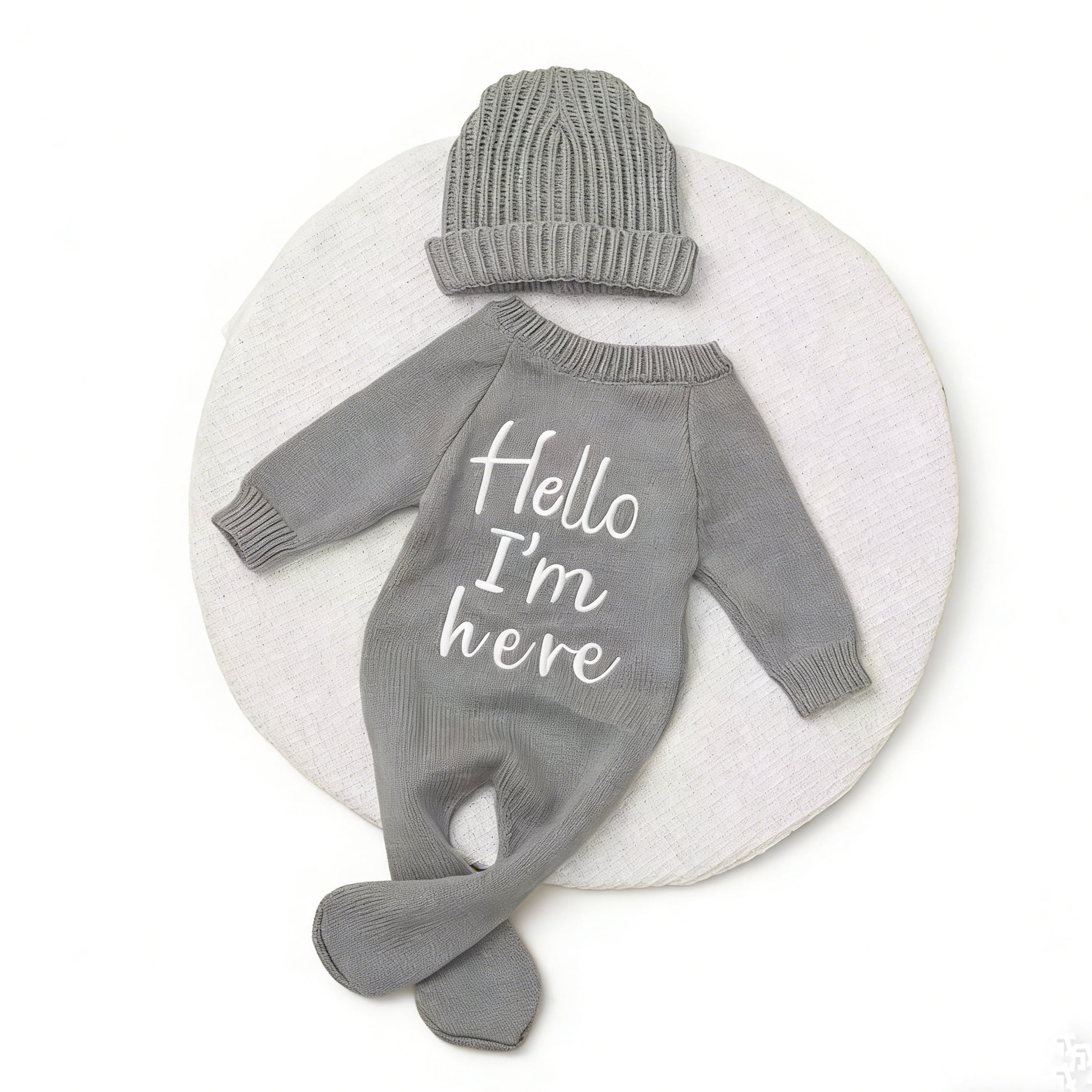 "Hello" Embroidery Knitting Onesie Newborn Birth Announcement Outfits Footed Jumpsuit Baby Boy Girl Photography Props Newborn