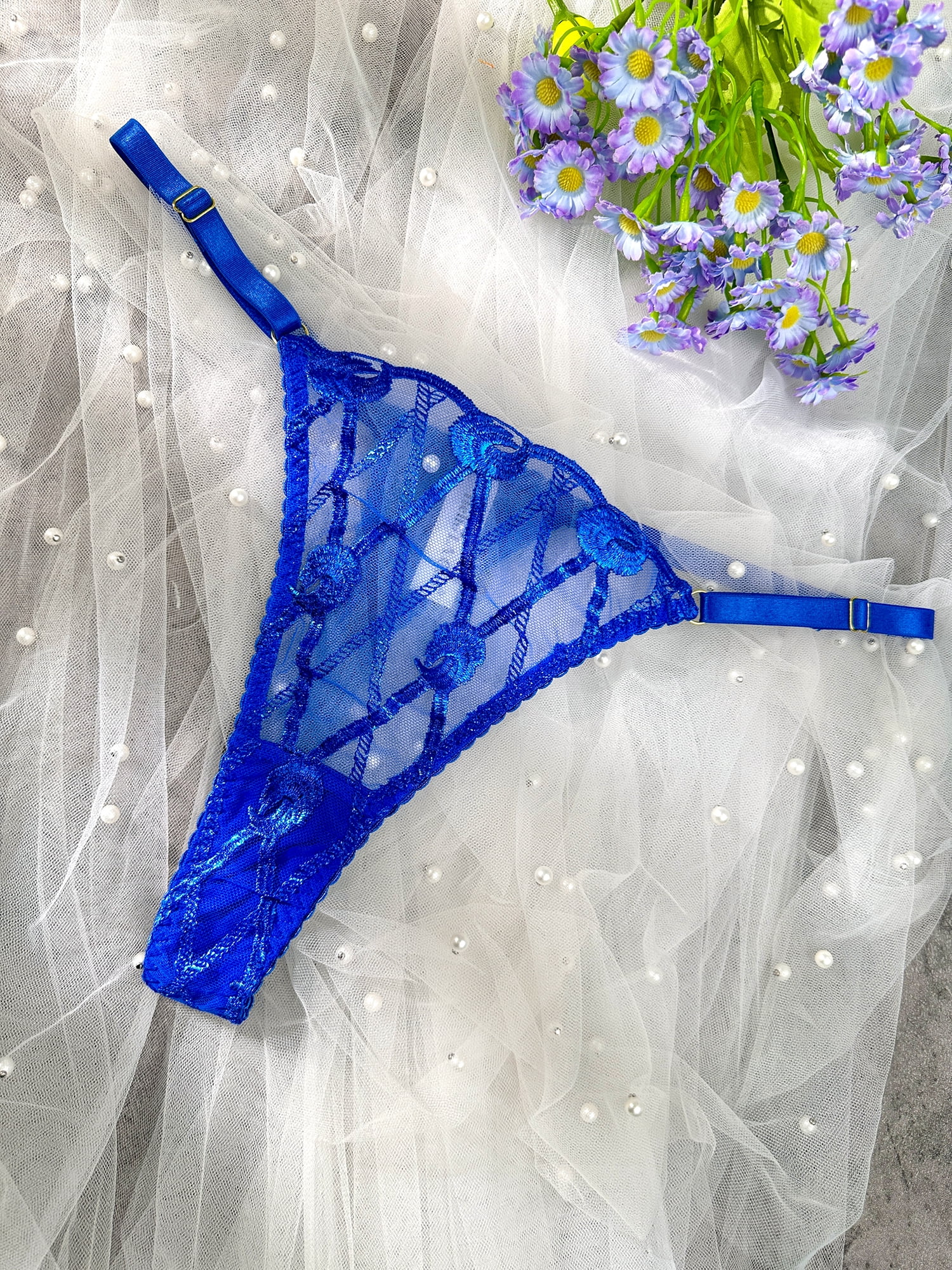 Midnight Blue Leather Lace Embellished Lingerie Set (BLUE, M)
