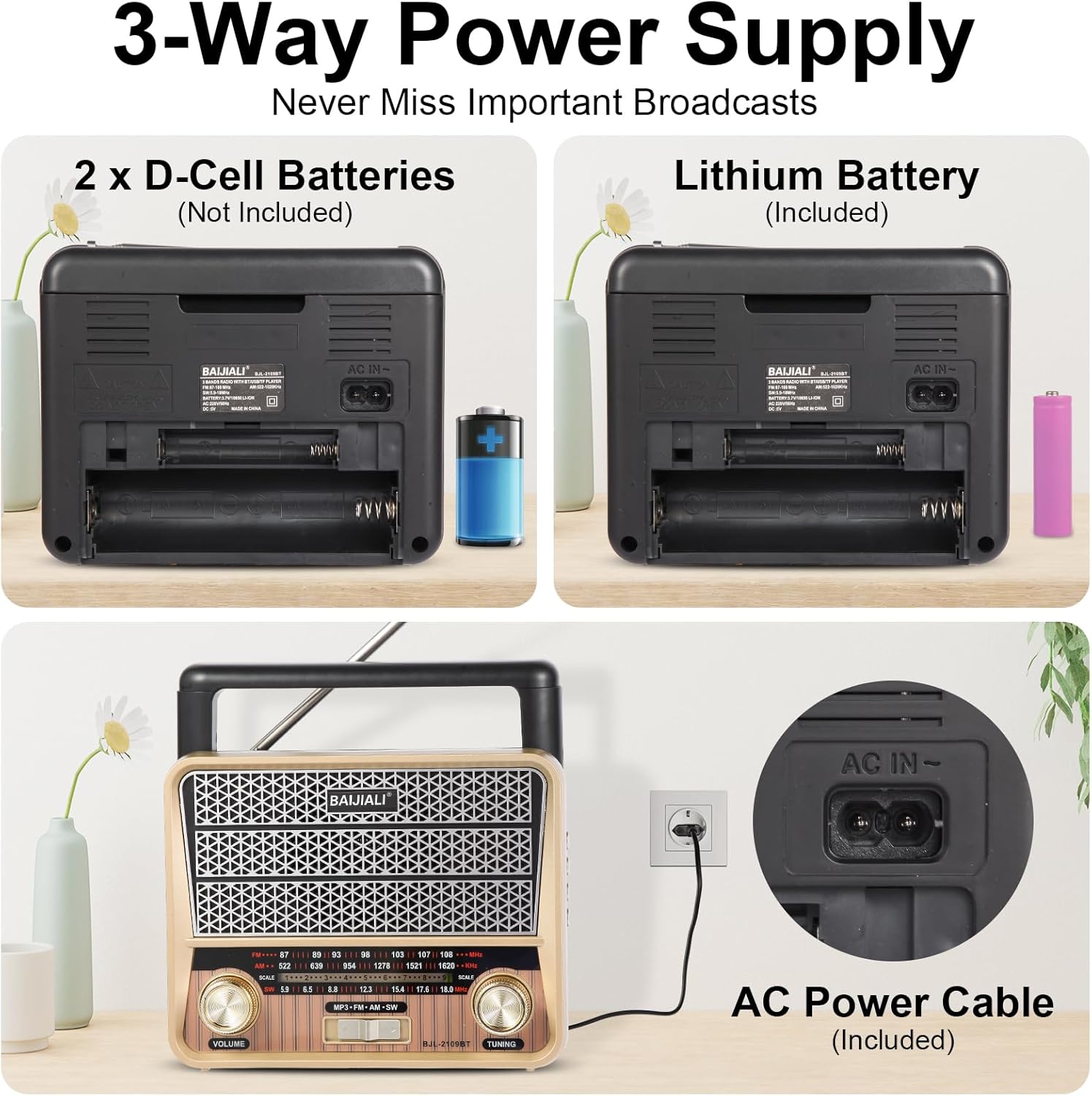 LC-dolida Portable Emergency Radio AM/FM/SW with Bluetooth LED Flashlight Dual Power Supply TF Card/USB Playback, Strong Reception Loud Sound for Home Seniors Outdoor Use