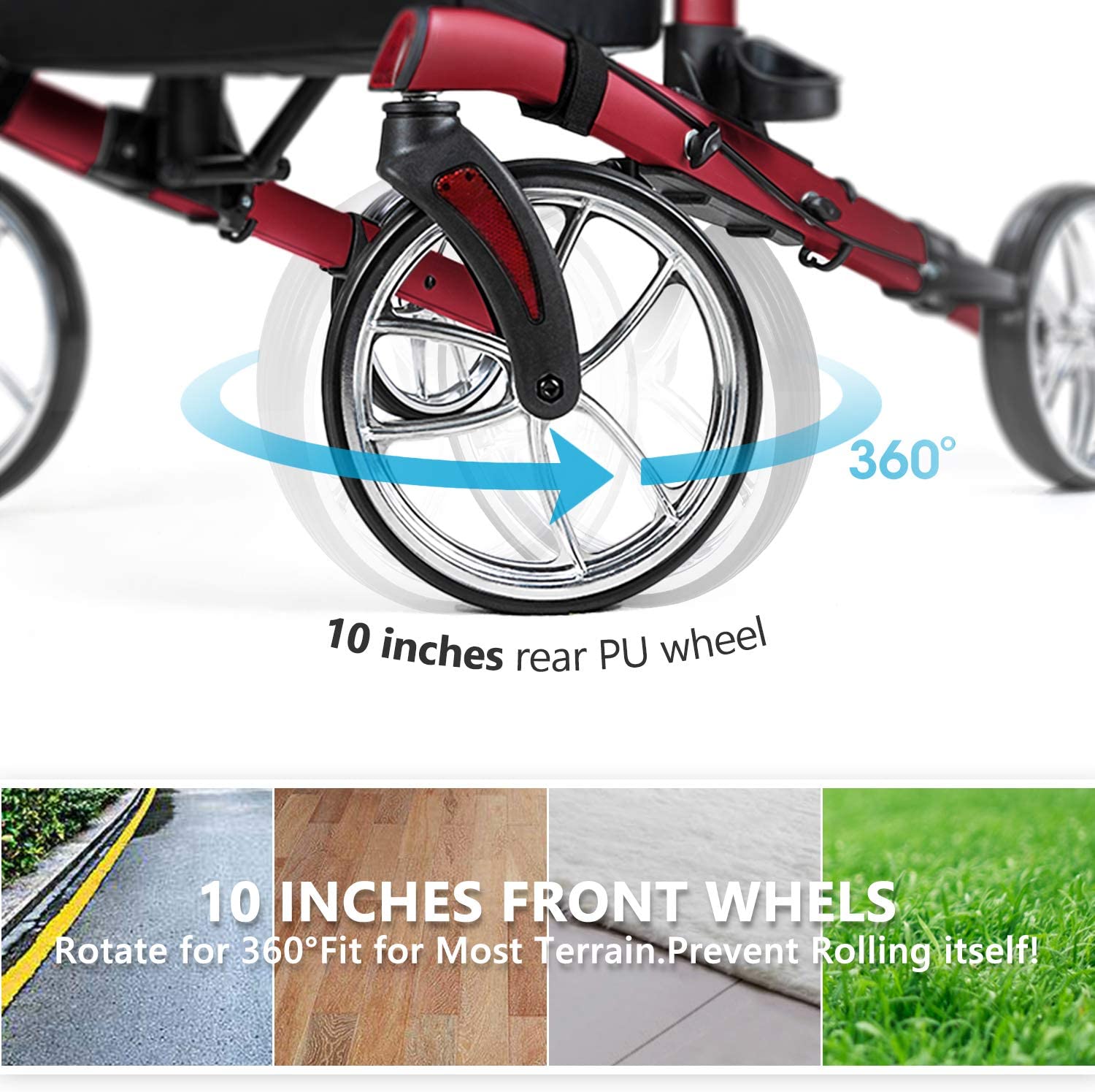 Oasisspace Upright Rollator Walker, Stand Up Rollator Walker with Seat and Armrests Tall Rollator Walker for Seniors and Adults, Red