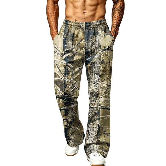 LTTVQM Woodland Camo Wide Leg Sweat Pants Camping Forest Camo Elastic Waist Big Utility Side Pockets Mens Hiking Walking Full Length Outdoor Trousers Brown M