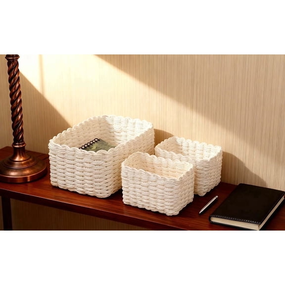 3 Pcs White Willow Woven Storage Baskets Set, Handmade, Stackable for Home Organizer, Desktop, Closet, Entryway, Multifunctional Sundry Holder, Large Medium Small