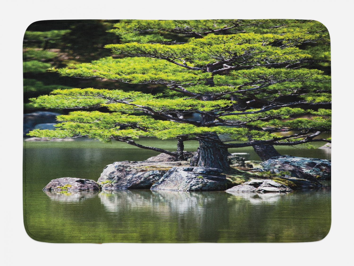 Japanese Bath Mat, Pine Tree in Lake with Stones Japanese Organic