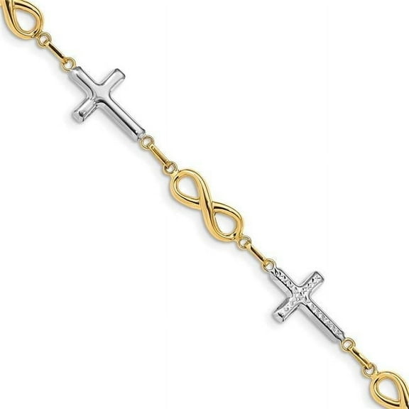 Primal Gold 14 Karat Yellow Gold with White Rhodium Cross Infinity Symbol Link Bracelet