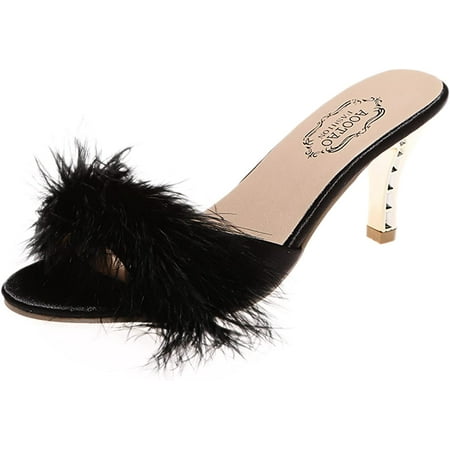 

Women Furry Sandals Open Toe Slides Fluffy Feather Slippers Summer Slip On Block Heeled Mules Sandals