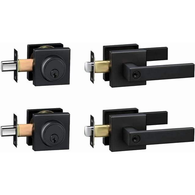 Entry Lever Door Locks with Deadbolt Modern Square Exterior Front Door Handle and Single Cylinder Deadbolt (Matte Deadbolt and Lever Set)