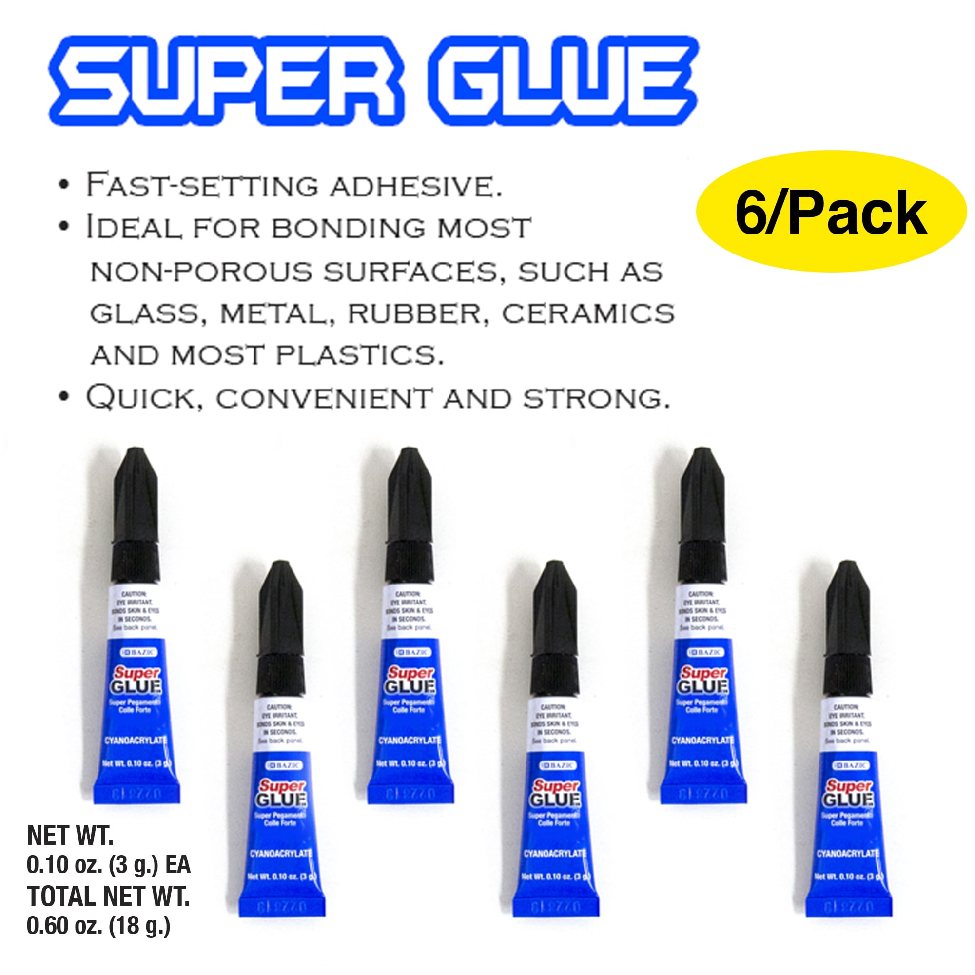 BAZIC Super Glue 3g/0.10Oz, Clear Adhesive Fluid Liquid (6/Pack), 24-Packs