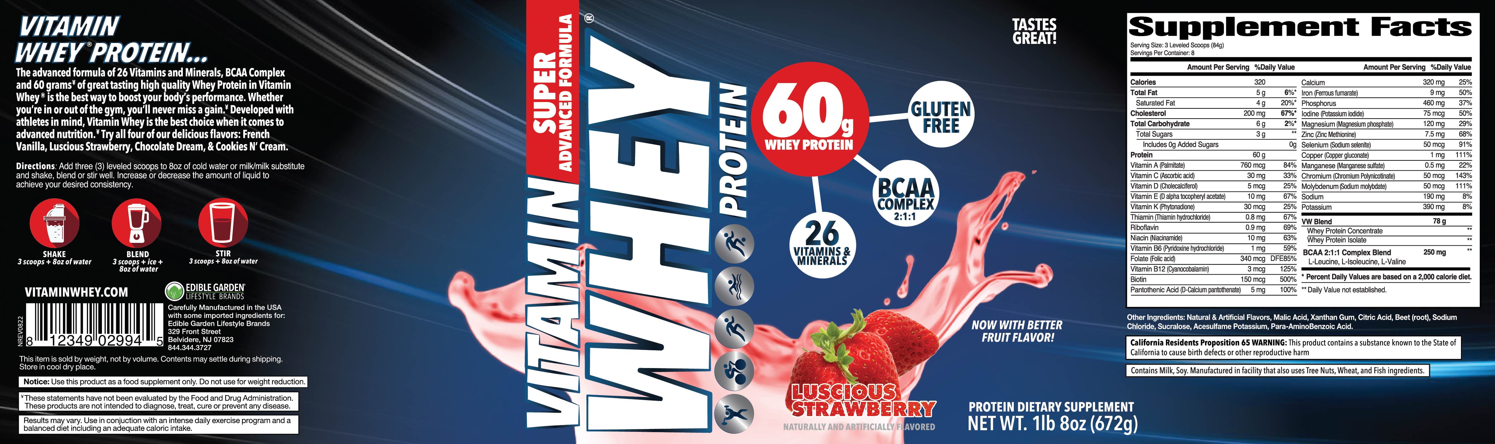 Vitamin Whey Protein Powder Strawberry - 60g Protein - 26 Vitamins & Minerals