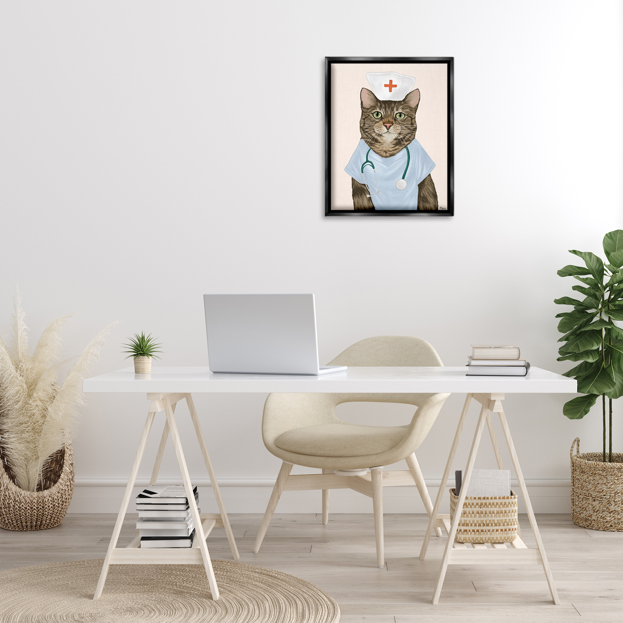 Stupell Industries Nurse Doctor Cat Animals & Insects Painting Black Floater Framed Canvas Art Print Wall Art, 17 x 21