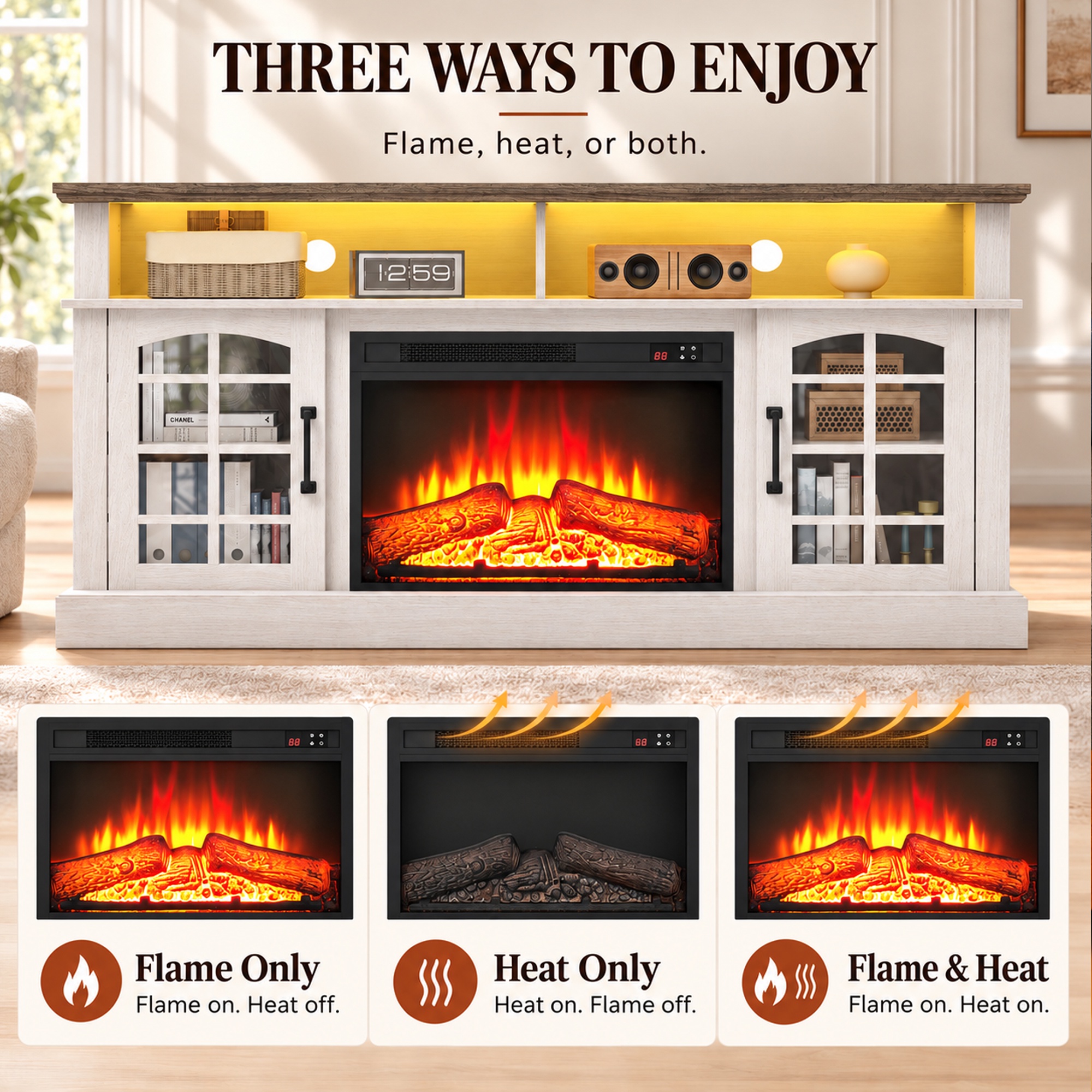Paproos 65" Electric Fireplace TV Stand with LED Lights, Brown photo 6