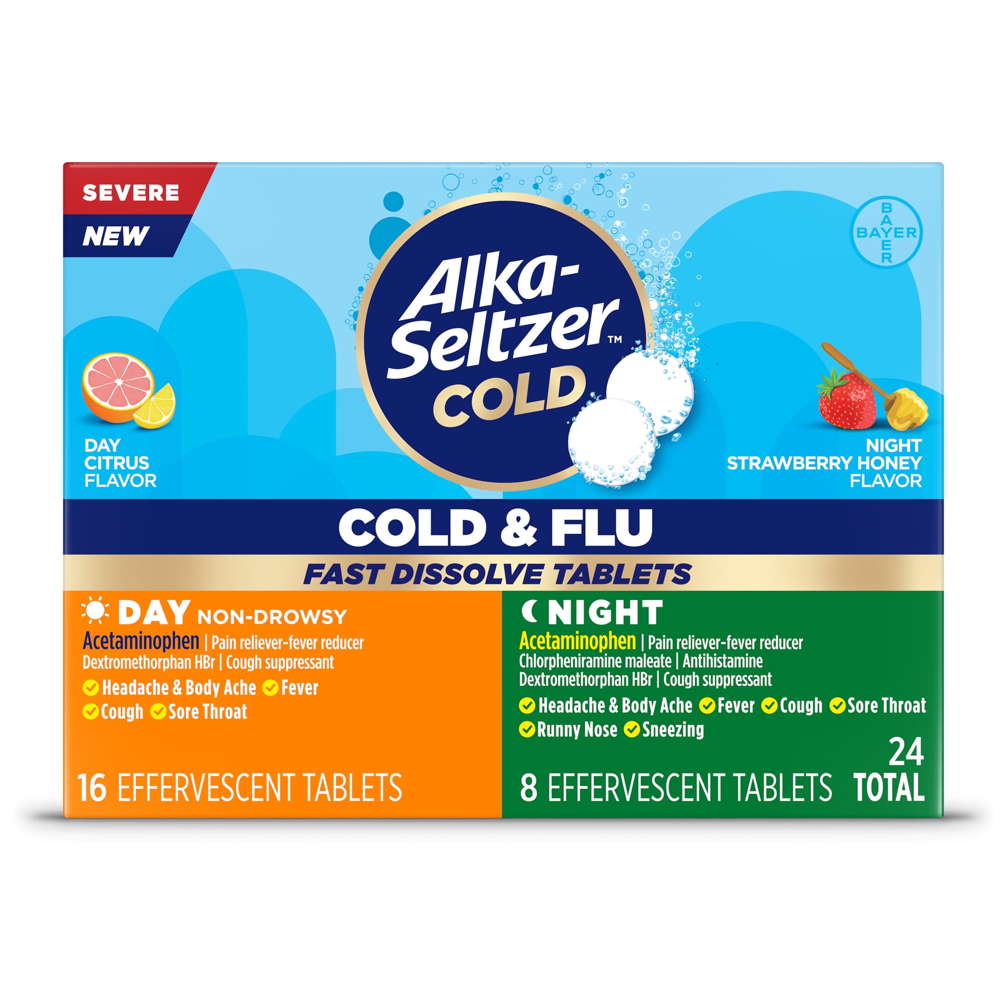 Alka-Seltzer Cold, Cold & Flu Severe Day/Night Fast Dissolve Tabs, Citrus/Straw Honey Flavor, 24 Count