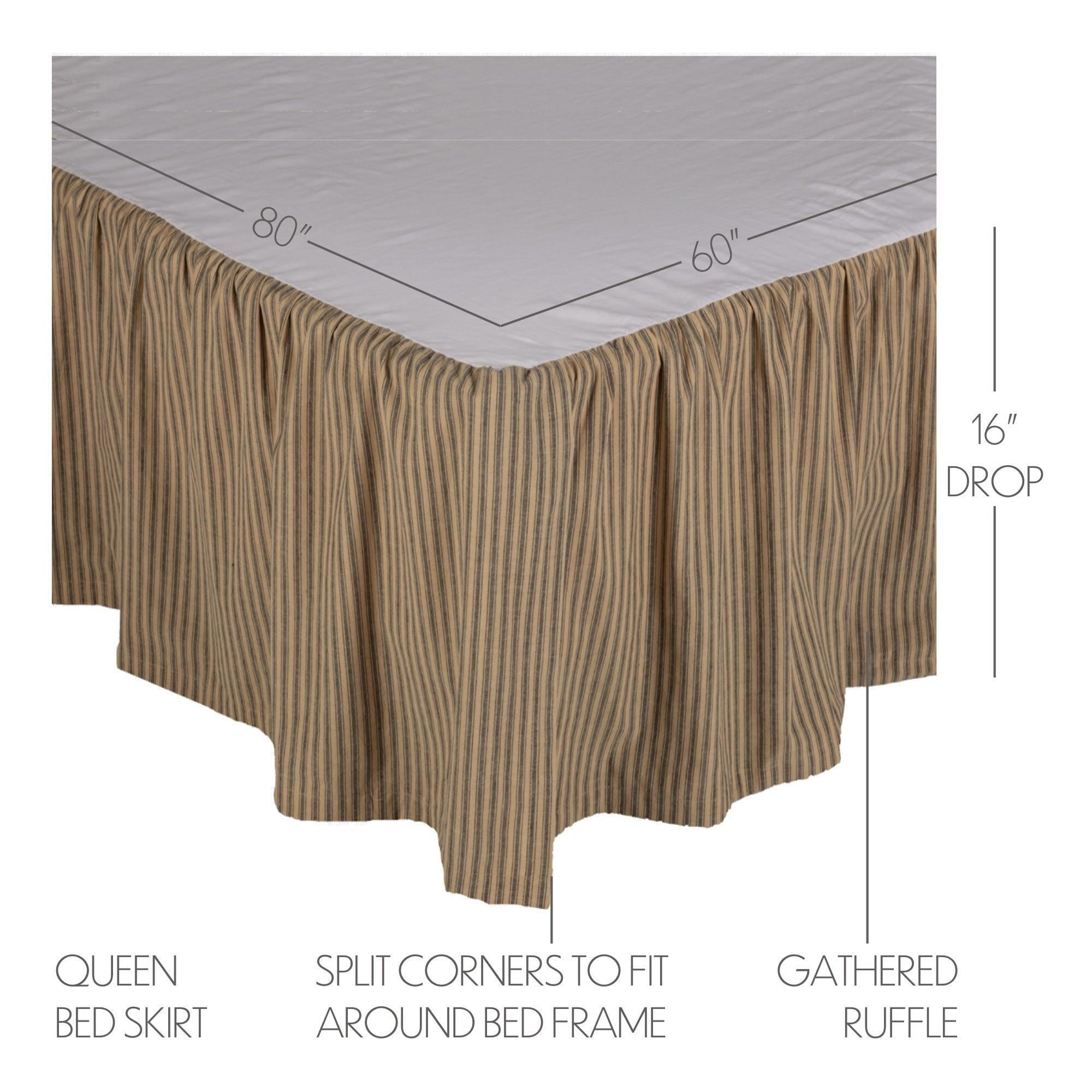 VHC Brands Farmhouse Star Ticking Striped Cotton Primitive Split Corners Gathered King Bed Skirt, Charcoal Black