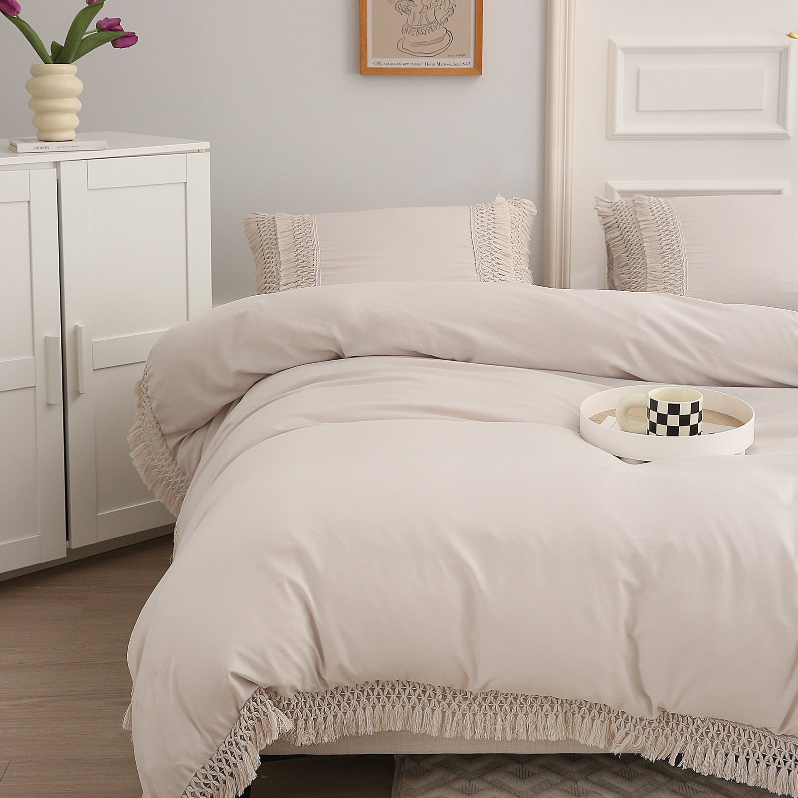 Move Over Beige Grey Macrame Tassel Bedding Sets Twin Washed Microfiber Tassel Patern Boho Handmade Duvet Cover Set No Filling