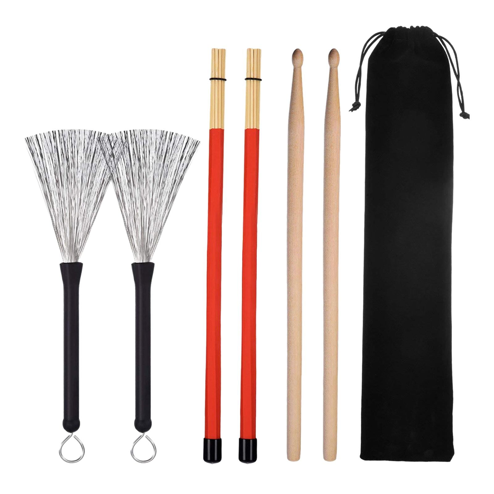 QccHieUs Drumsticks Set Durable and 1 Pair Rods Drum Brushes with Storage Pouch for Music