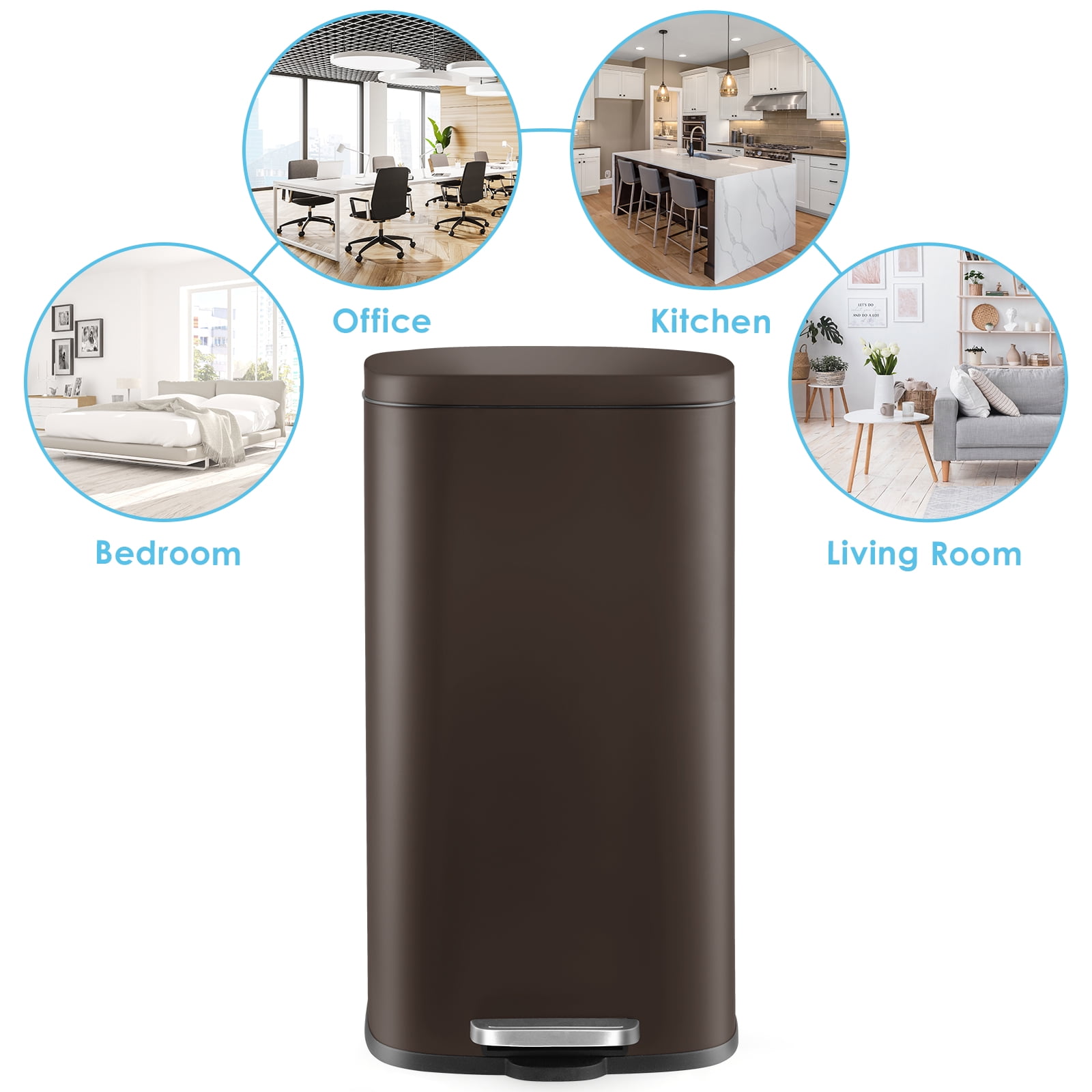 Pirecart 8 Gallon / 30L Kitchen Trash Can with Lid Stainless Steel Home Office Garbage Can, Brown
