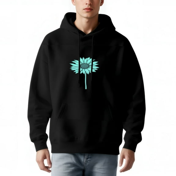 Men's Long Sleeve Hooded Pullover Sweatshirt - Relaxed Fit with Front Pocket Features Turquoise Flower Graphic Design