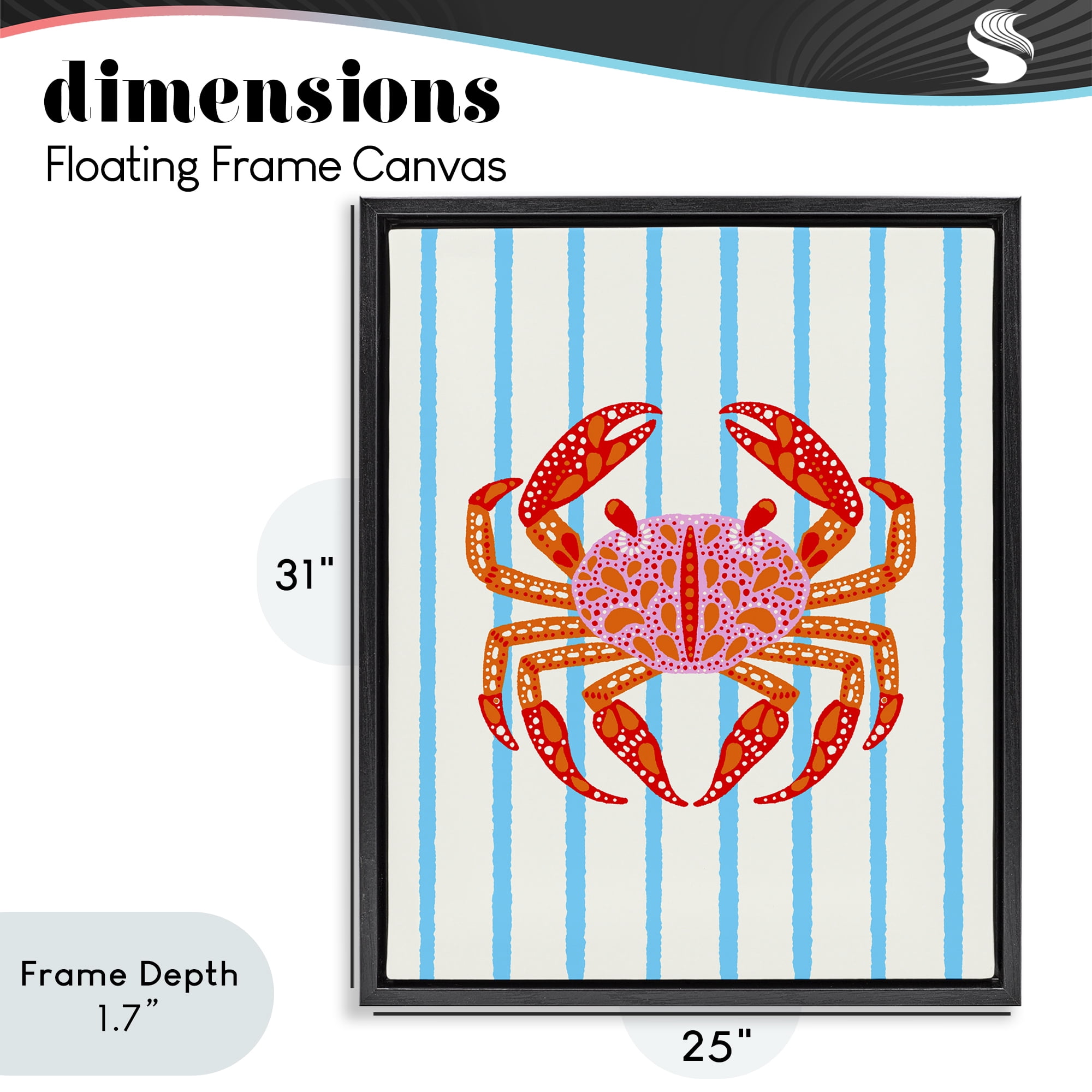 Stupell Industries Bright Crab on Stripes Black Framed Floater Canvas Wall Art, design by Indira Prieto | IndySign