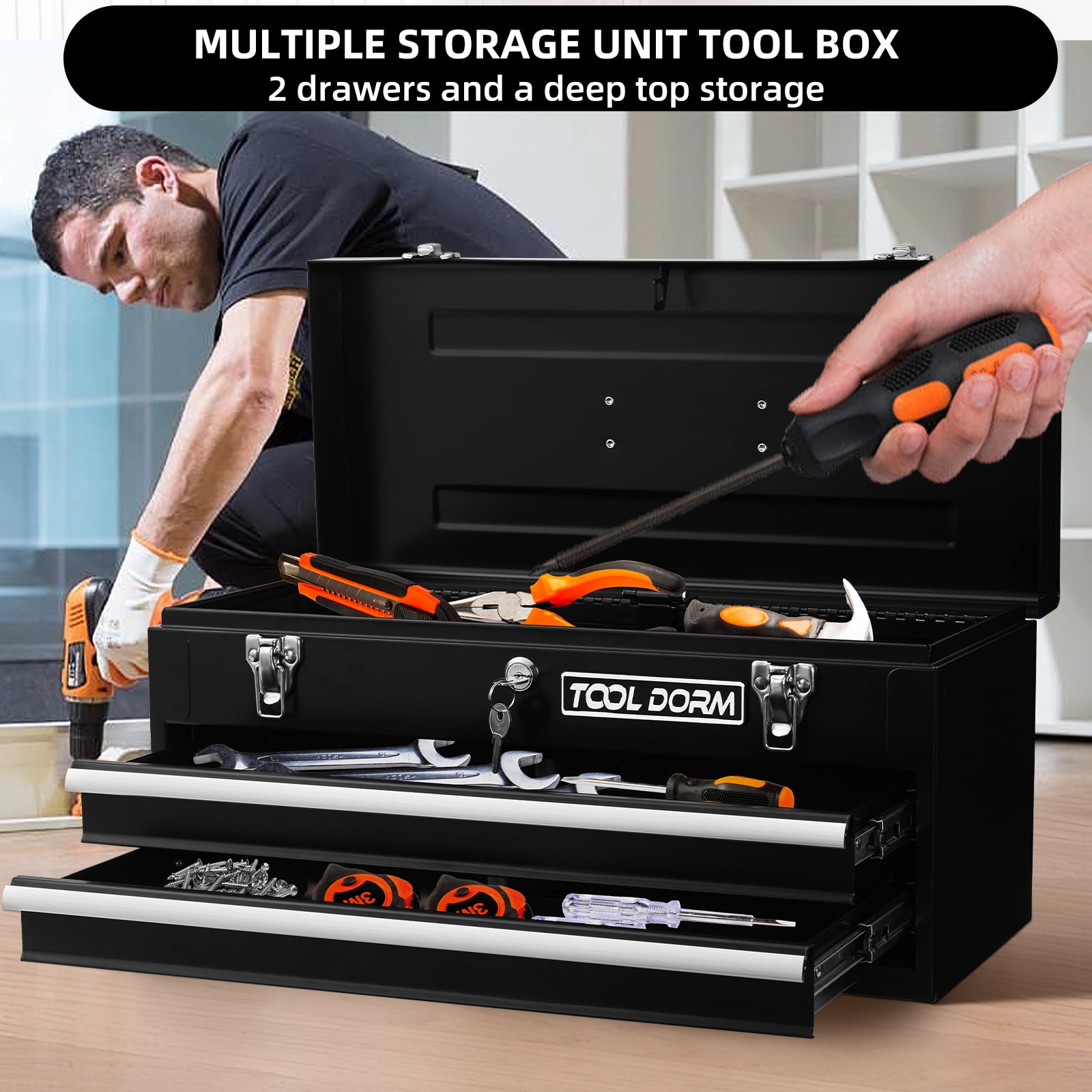 20.3“ Metal Tool Box with Drawer Portable Steel Metal Tool Box with EAV Liner and Metal Latch Closure and Lock for Garage, Home and Warehouse (Black-2 Drawers)