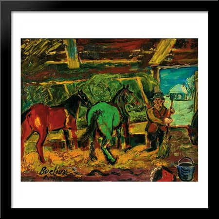 Italian Wood Stable Red and green horses in a stable 28x28 Large Black Wood Framed Print Art by David Burliuk ()