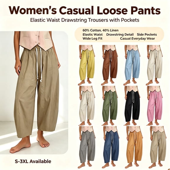 HongQid Womens Baggy Barrel Pants Balloon Linen Pants Elastic Drawstring Waist Loose Fit Casual Trousers With Side Pockets for Women,2XL