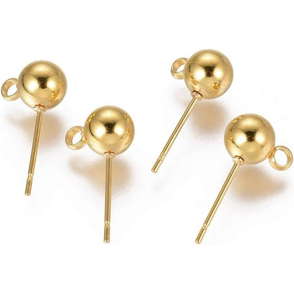 10Pcs Ball Post Stud Earring Findings Stainless Steel Ear Stud with Vertical Loops 6mm Round 18K Gold Plated Ball Earring Posts for DIY Jewelry Earring Making