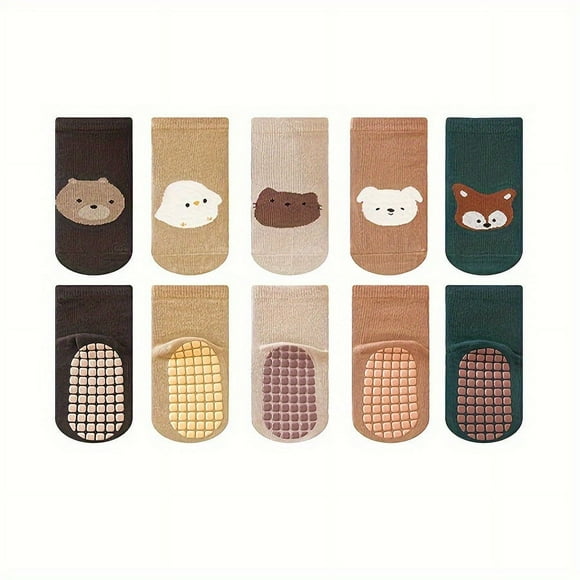 FNNMNNR 5 Pairs of Adorable Animal Patterned Baby Boy Floor Socks - Soft Breathable Comfy Elastic Socks for Indoor Activities - Perfect for Crawling Walking and Everyday Wear