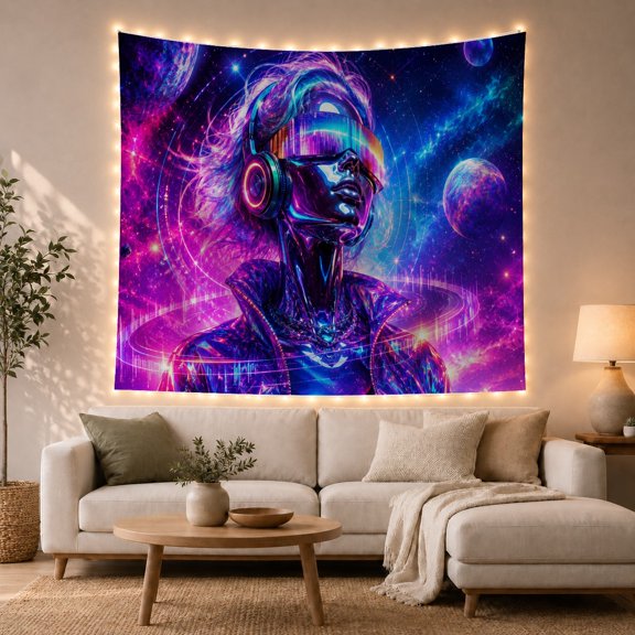 Futuristic Android with Neon Headphones in Cosmic Nebula, Dramatic Digital Art for Tech Enthusiasts, Sci-Fi Wall Art, Birthday Gift, Tapestry Wall Hanging for Gaming Room and Studio