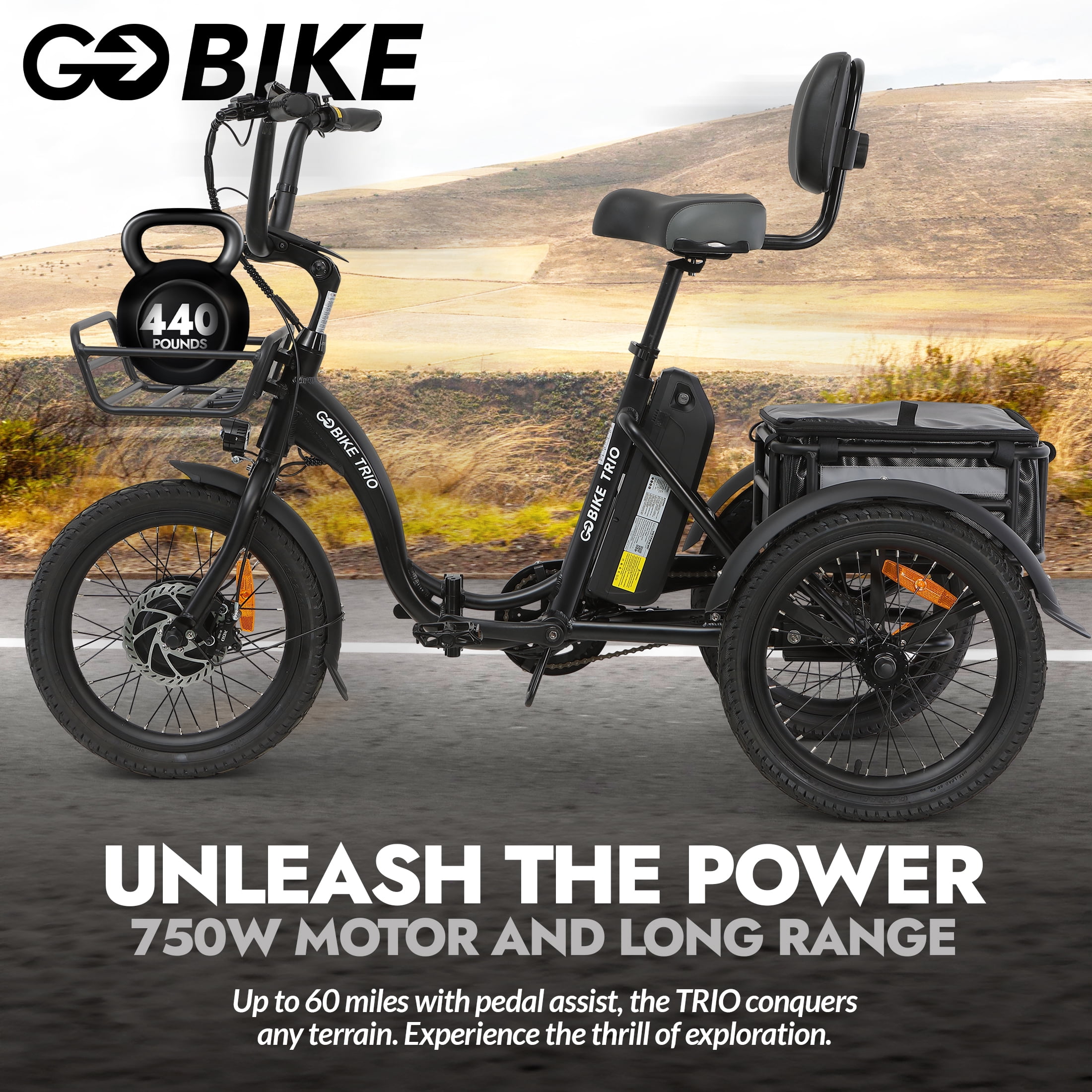 GOBIKE Trio Crossover Electric Bike, Electric Tricycle for Adults, 3 Wheel Bicicleta Electrica para Adultos