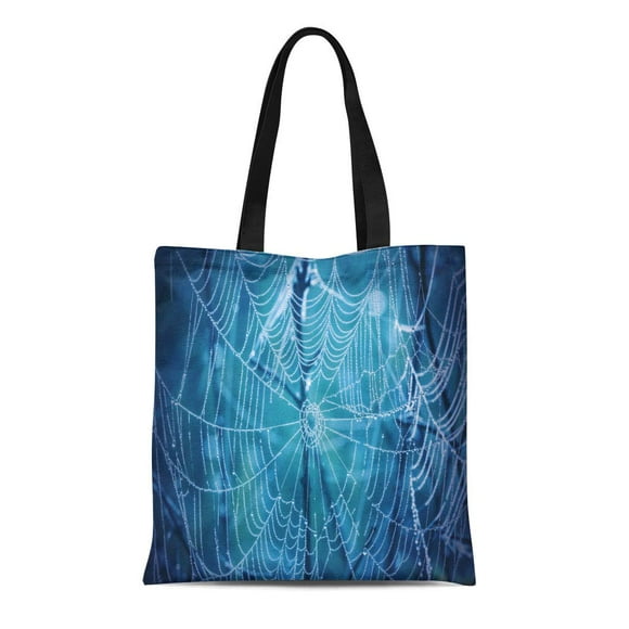 JSDART Canvas Tote Bag Macro Spiderweb Drops of Dew on Blue Spider Bead Reusable Shoulder Grocery Shopping Bags Handbag