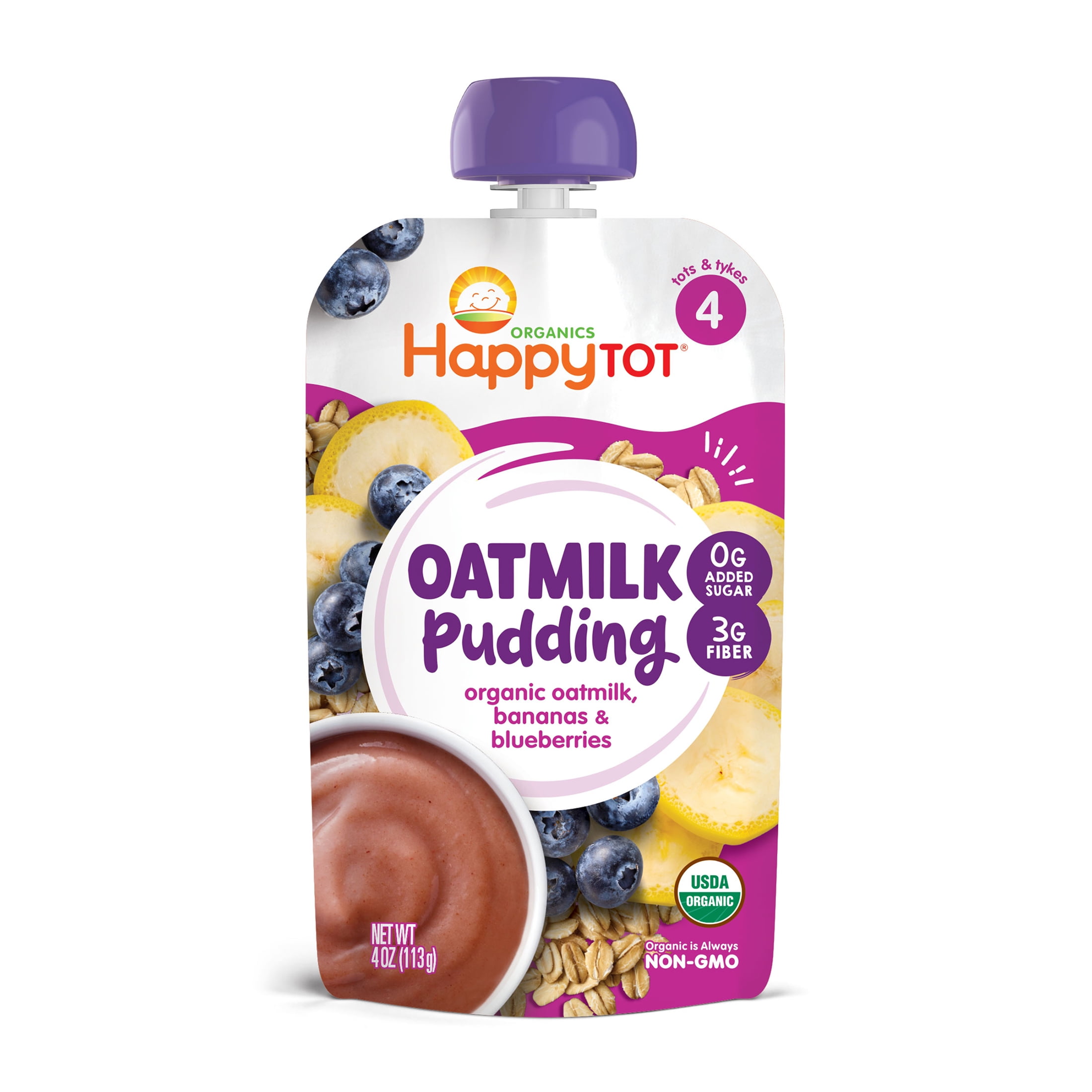 Happy Tot Organics Oatmilk Pudding Stage 4, Organic Oatmilk, Banana & Blueberries Tot Food, 4oz Pouch, 8 Pack