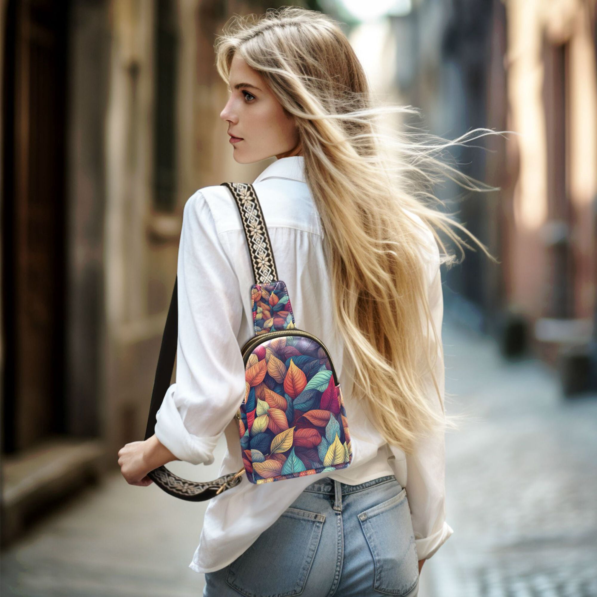 FORMRS Womens Crossbody Sling Bag Travel Daypack Shoulder Chest Backpack, Blue Vibrant Leaves Pattern