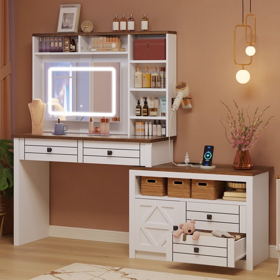 Modern Vanity Desk with LED Mirror – 5 Drawers, 7 Open Shelves, Glass Top & Power Outlets – Antique White Makeup Dressing Table for Bedroom