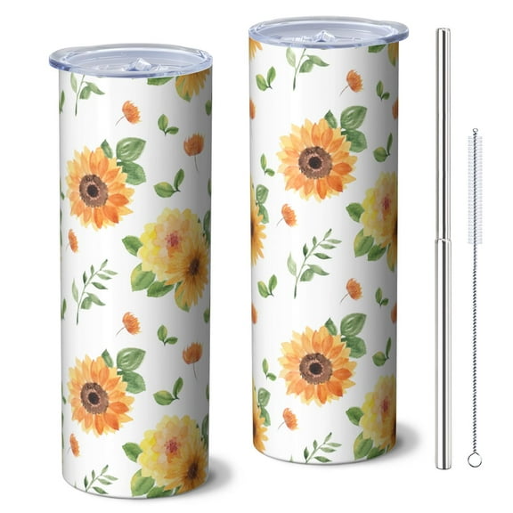 Sunflower 20 Oz Stainless Steel Skinny Tumbler – Vacuum Insulated Slim Travel Cup with Lid & Stainless Steel Straw, 360° Full Wrap Printed Tumbler for Home, Office & Outdoor Use, Spring