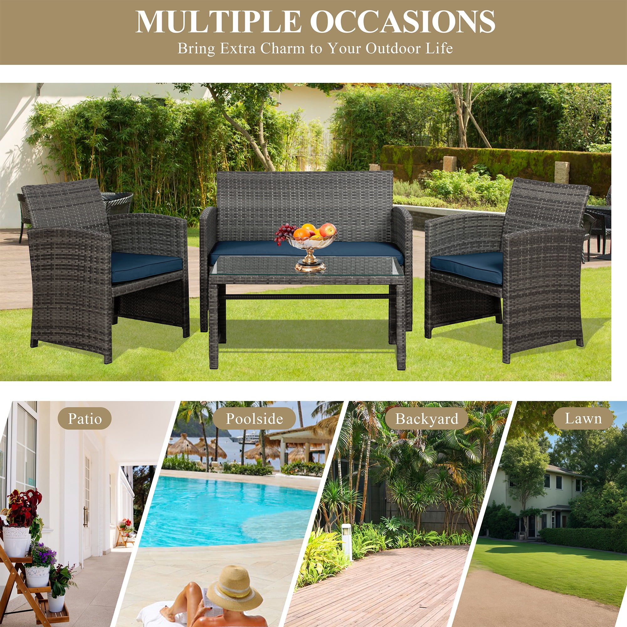 Walsunny Outdoor Patio Rattan Wicker Furniture Conversation Set 4 Piece with Cushions Tempered Glass Tabletop,Navy Blue