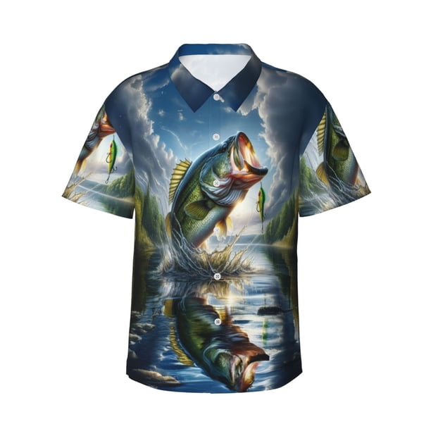 Balery Largemouth Bass Jumping Out of The Water Camisas hawaianas de manga corta para hombre, camisas playeras de corte holgado, camisas de vacaciones con botones,XX-Large