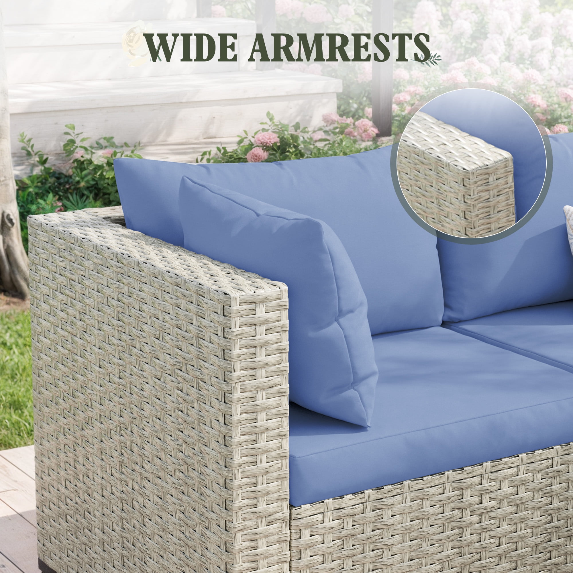 MRUAKA Outdoor Patio Furniture Set, 7-Piece Modular Sectional Sofa With Tea Table and Free Cushion, PE Wicker Outdoor Conversation Set for Patio, Garden, Backyard,Haze Blue
