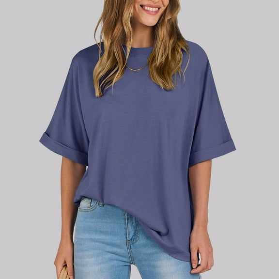 Pincandy Women's Casual Crewneck Short-sleeved Solid Color Loose Short Loose T-shirt Plus Size T Shirts Oversized Tees Summer Half Sleeve Crew Neck Tunic Tops,Blue,S