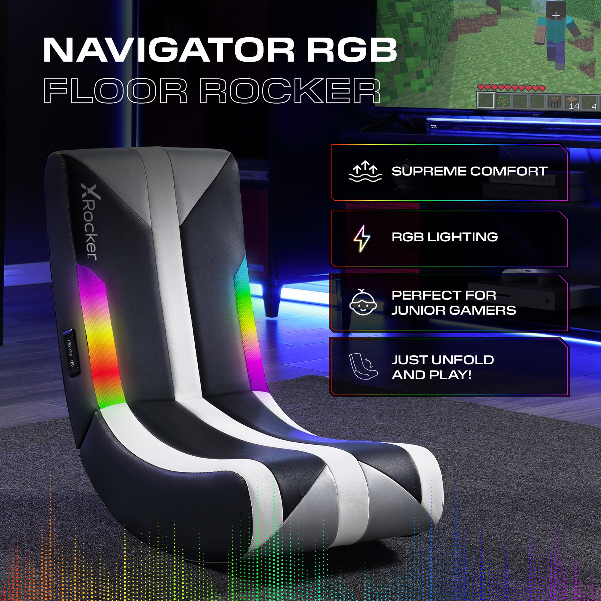 X Rocker Navigator Floor Rocker Gaming Chair with RGB Lighting, Black