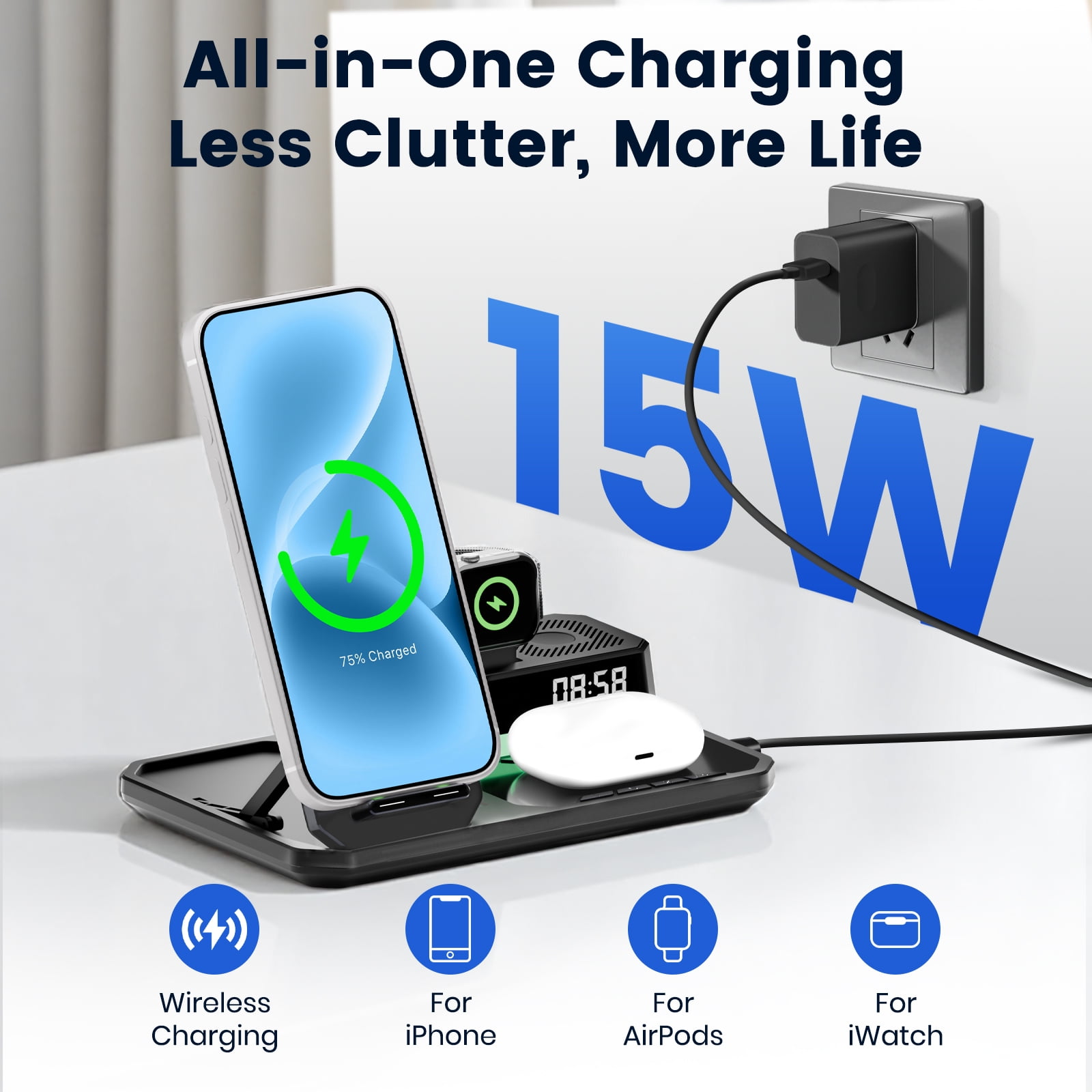 Wireless Charger for iPhone 17 16 15 14 13 12, 6 in 1 Charging Station for iWatch Series, for AirPods 4 3 2, with Clock, Bluetooth, Ambient Light