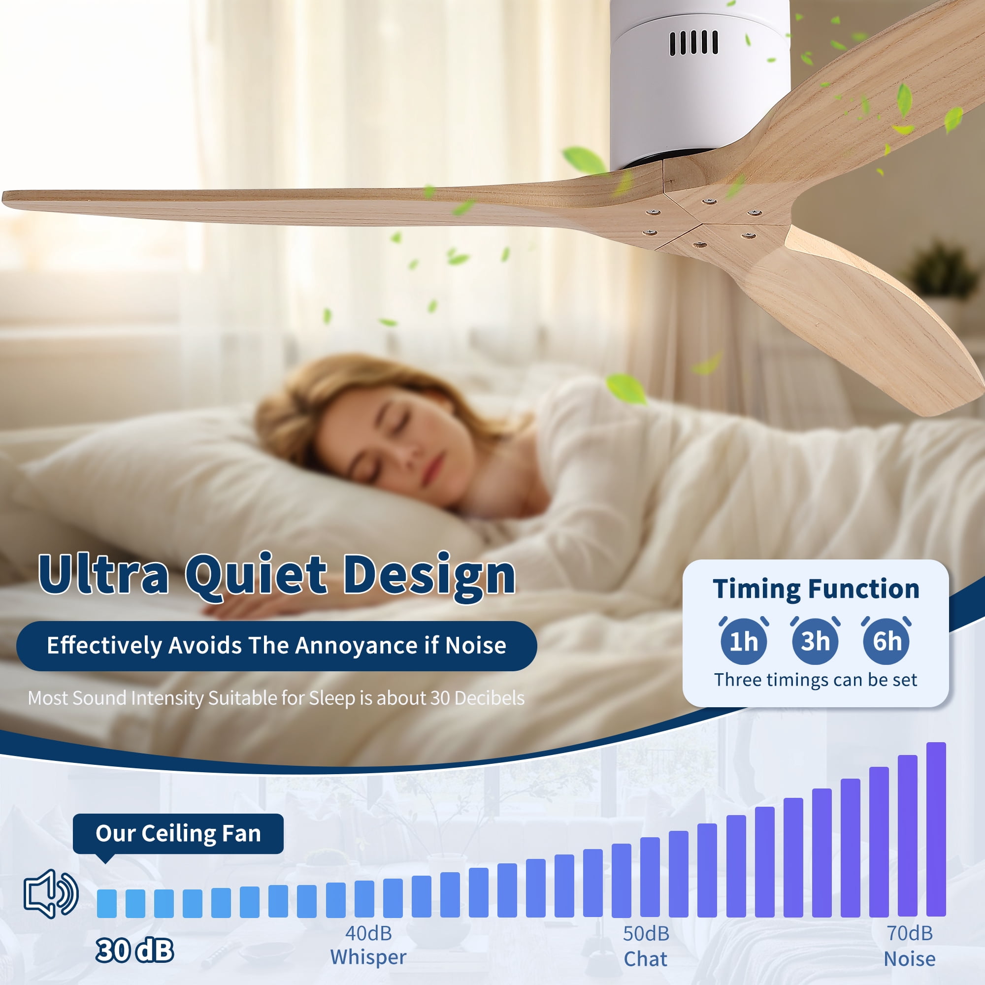 Leumius 52" Mordern Cozy Vibrant Natural Style Solid Wood Low Profile Flush Ceiling Fan without Light for Living Room Bedroom