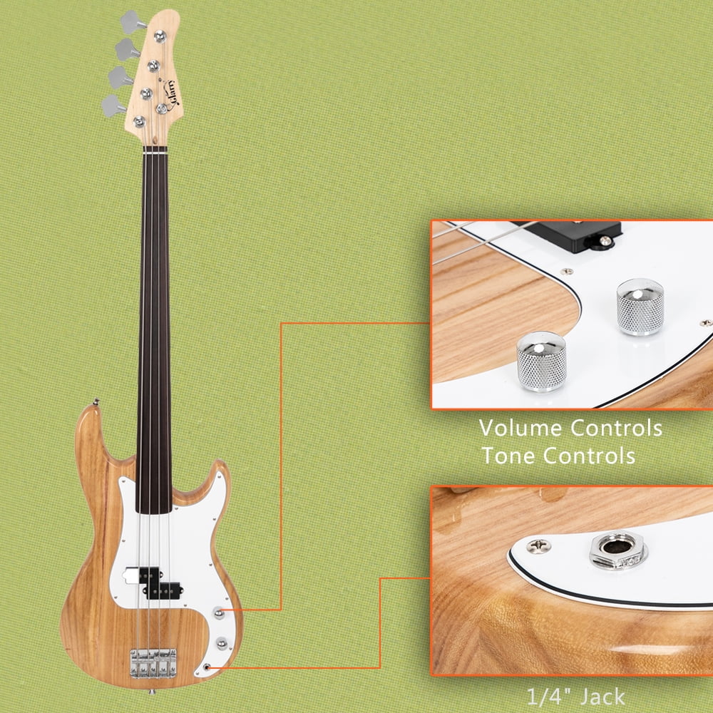 Fretless Electric Bass Guitar GP Bass Full Size 4 String for Experienced Bass Players with Wrench Tools, Burlywood