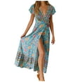 thumbnail image 1 of Robes Décontractées pour Femmes Bohème Imprimé Col en V Profond Fente Latérale Longue Robe Maxi Dames Plage Été Robes, 1 of 6