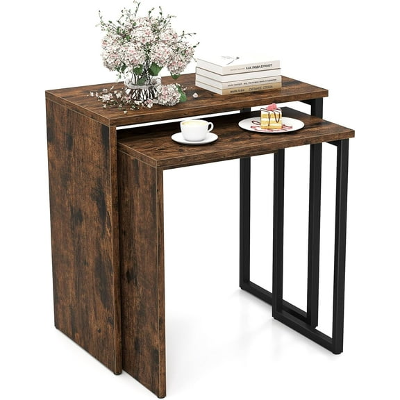 Nesting Coffee Table Set of 2, Modern Stacking Sofa Side Tables with Faux Wood Top & Heavy Duty Metal Frame, Industrial Small Accent End Tables for Living Room, Bedroom, Rustic Brown
