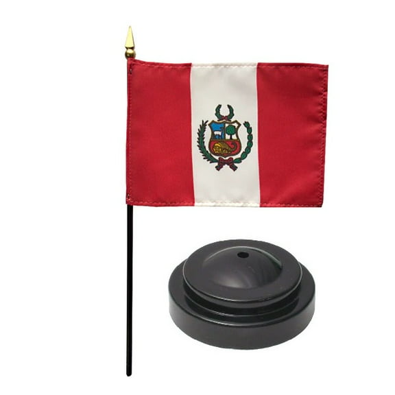 Peru Desk Flag with Base; American Made Rayon 4x6 inch Miniature Table Set Includes One Small Mini Country Stick Flags and One Black Stand (Peru Desk Flag and Base)